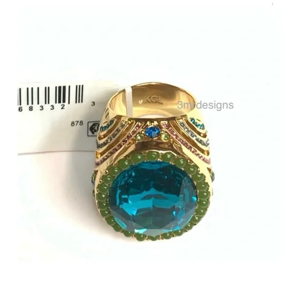 NWT KURT GEIGER LONDON Oval-Cut Gold Tone Turquoise CZ Crystal X-Large Ring - Picture 5 of 12